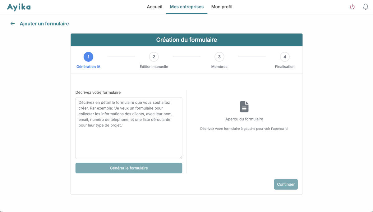 Aperçu du dashboard Ayika
